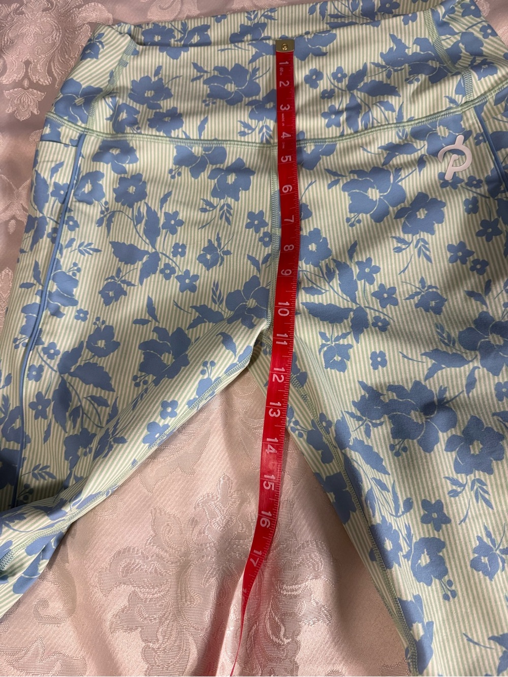 Peloton Floral High Rise Leggings Size L Blue Green Stripe Print Side Pockets - Picture 12 of 15